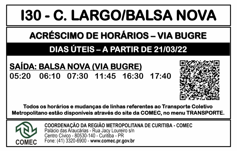 COMEC disponibiliza mais linhas de Ônibus de Campo Largo para o Bugre