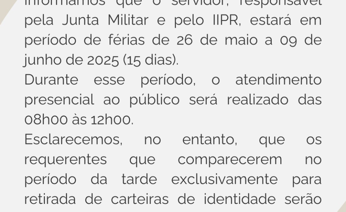 Comunicado sobre o atendimento da Junta Militar e Identificação - IIPR