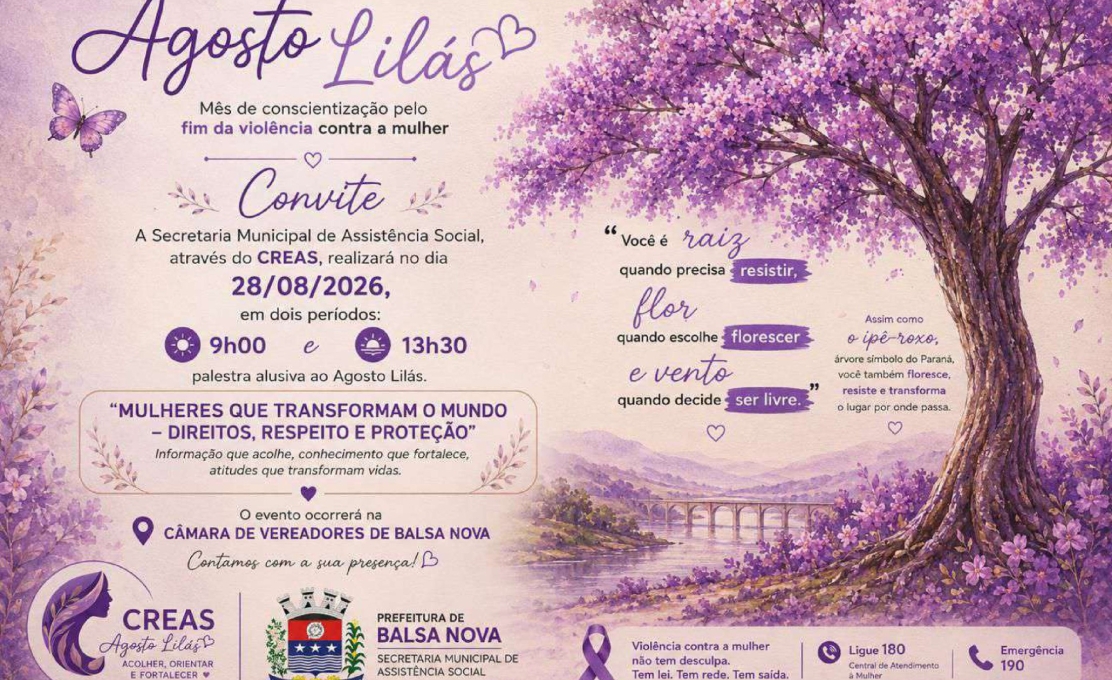 Agosto Lilás - Convite para palestra no dia 28/08/2026