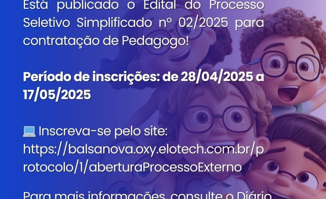 Inscrições abertas para PSS do cargo de Pedagogo