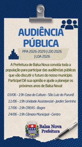 Convocamos a todos para Audiência Pública - Elaboração e discussão do PPA, LDO e LOA 2026