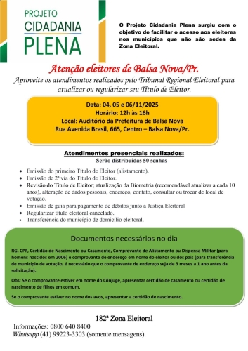 Projeto Cidadania Plena estará na Prefeitura dias 04, 05 e 06 de novembro