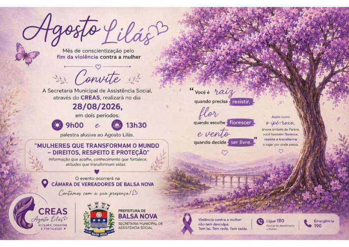 Agosto Lilás - Convite para palestra no dia 28/08/2026