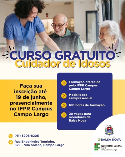 Estão abertas as inscrições para o Curso Gratuito de Cuidador de Idosos