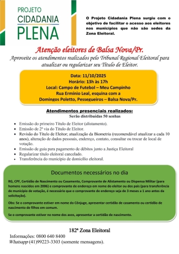 O Projeto Cidadania Plena estará no Pessegueiros dia 11/10 entre 13h e 17h