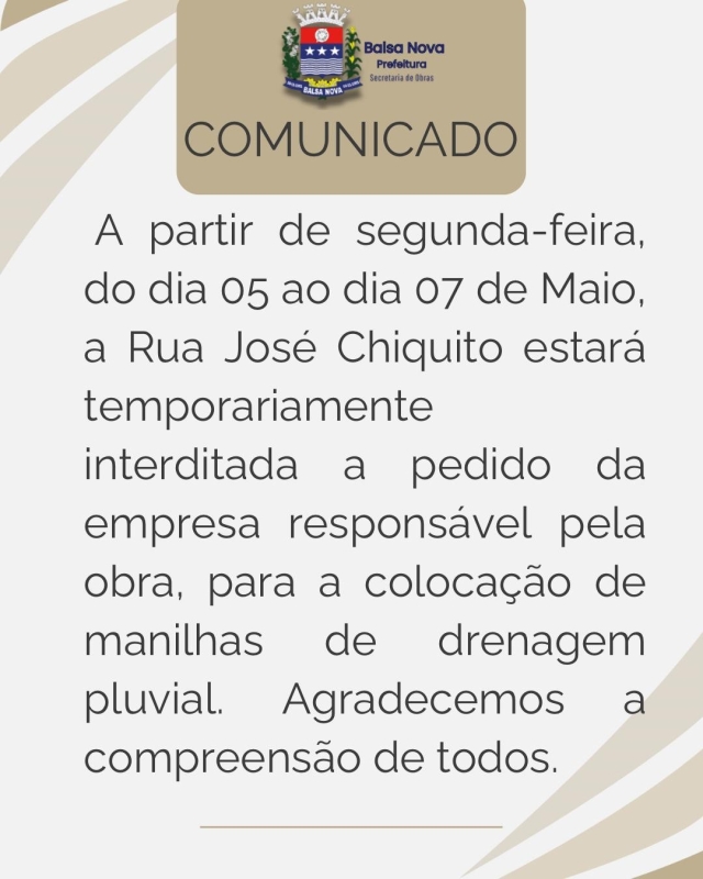 Interdição na Rua José Chiquito entre os dias 05 e 07 de Maio