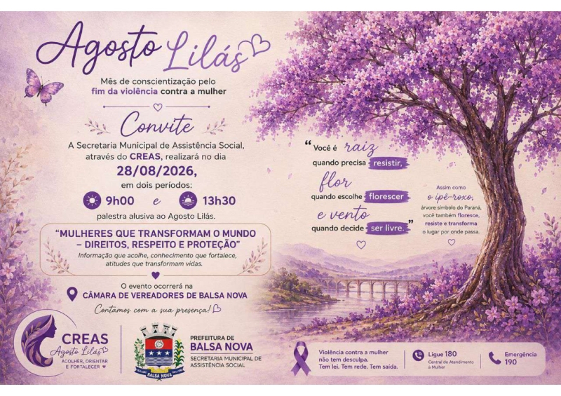 Agosto Lilás - Convite para palestra no dia 28/08/2026