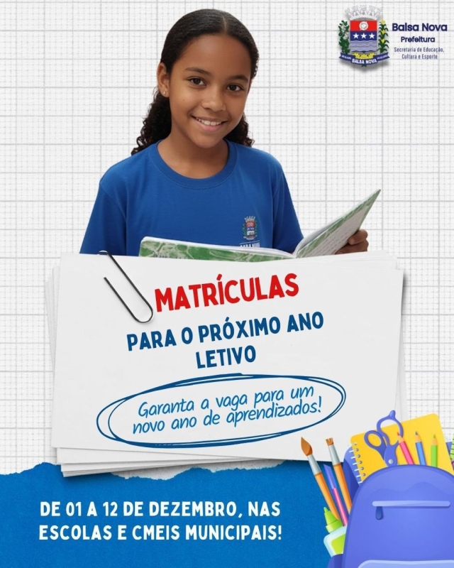 Matrículas abertas para o próximo ano letivo de 01 a 12 de dezembro