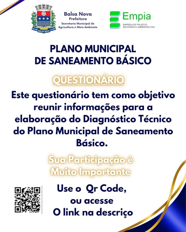 Sua participação é muito importante! Questionário sobre o Plano de Saneamento Básico